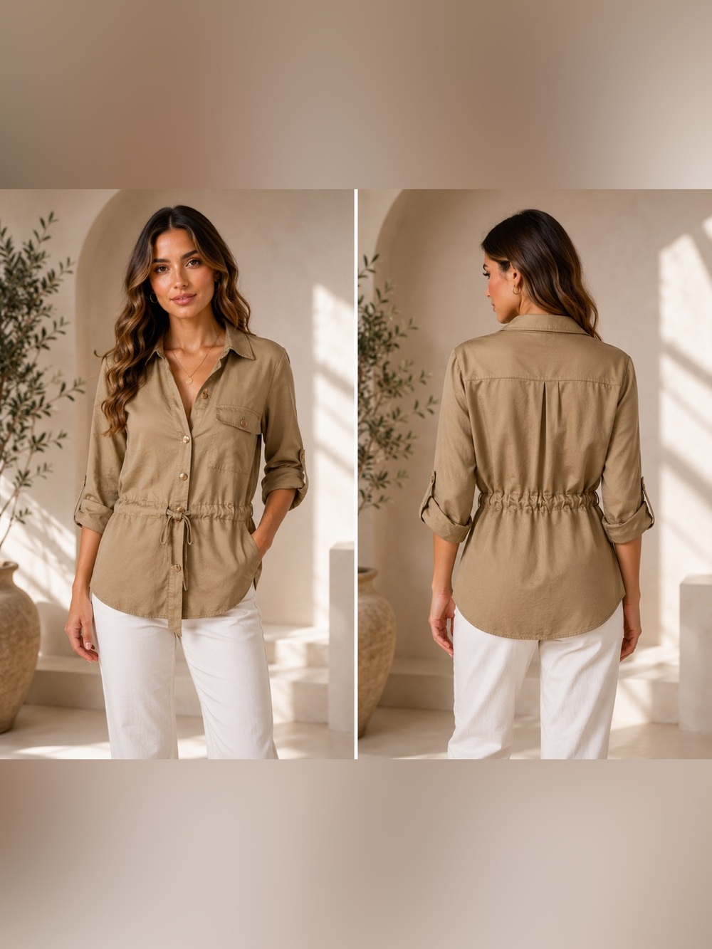 Zara Khaki Tan Utility Drawstring Button Down Blouse Top XS